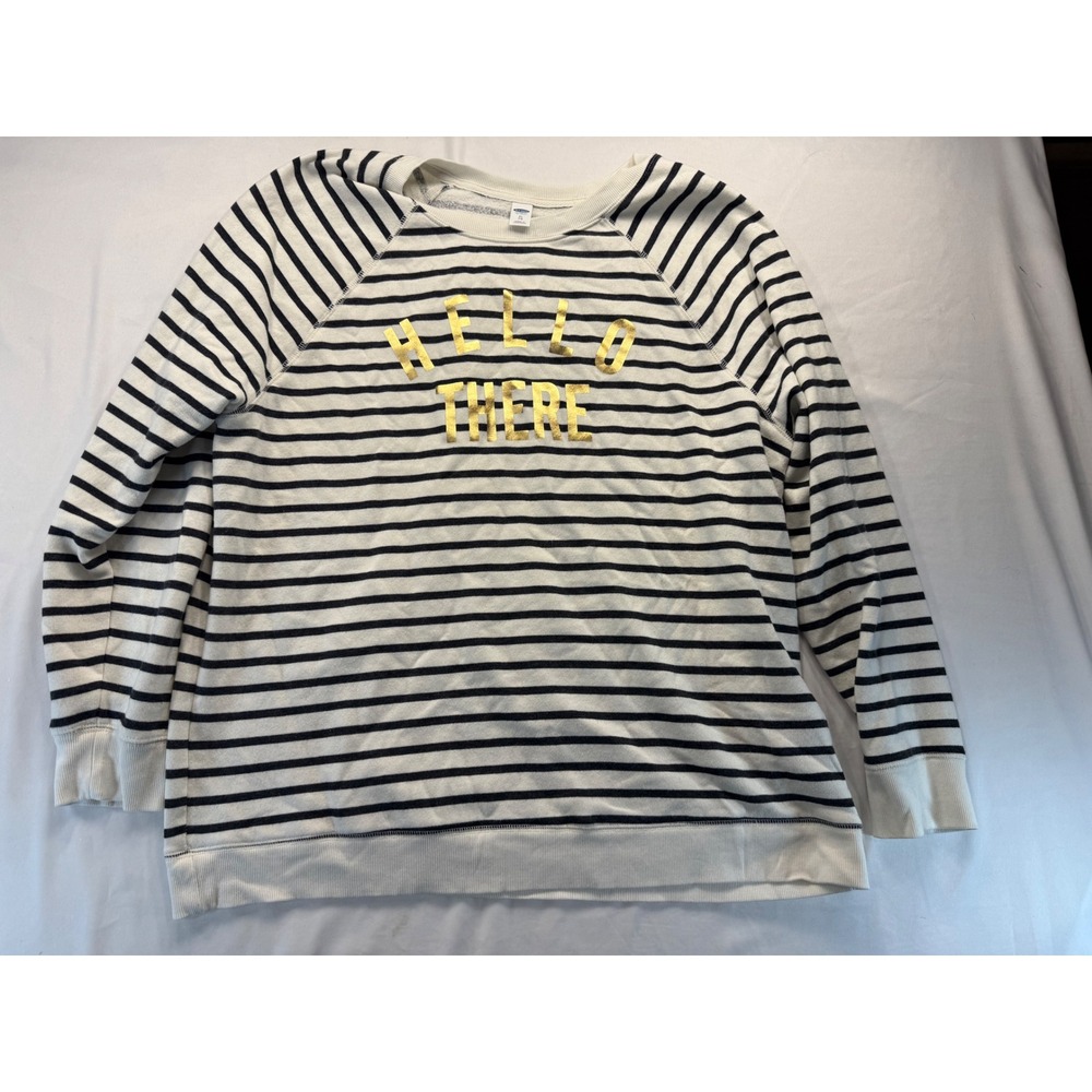Old Navy Womens XL Sweatshirt Black White Striped Hello There Gold Graphic Crew